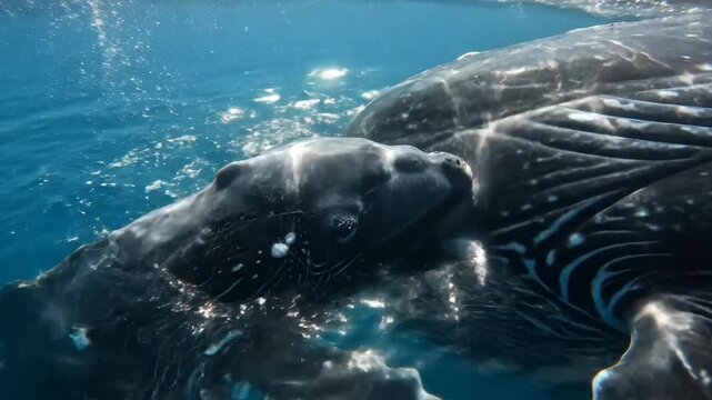 Humpback whale calf swimming with mother underwater in blue ocean. Mother and calf are close.