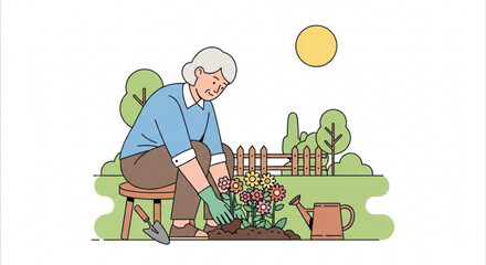 Elderly woman gardening flowers in backyard with fence and sunny day atmosphere