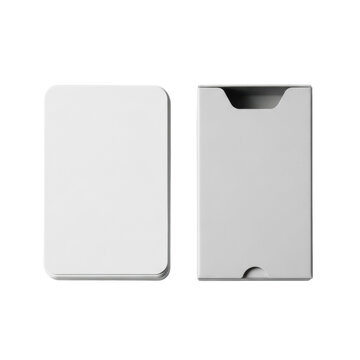 A pristine stack of blank white playing cards with smooth rounded corners next to an empty light grey tuck box, isolated high-key on white copy space. Concept of product mockup and branding