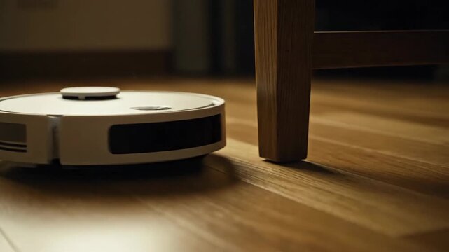 Robot vacuum cleaning the wood floor. Cleaning service with modern technology.