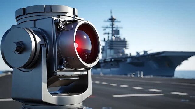 Advanced surveillance camera system mounted on an aircraft carrier deck with a large warship in the background monitoring the sea and sky for security and defense operations