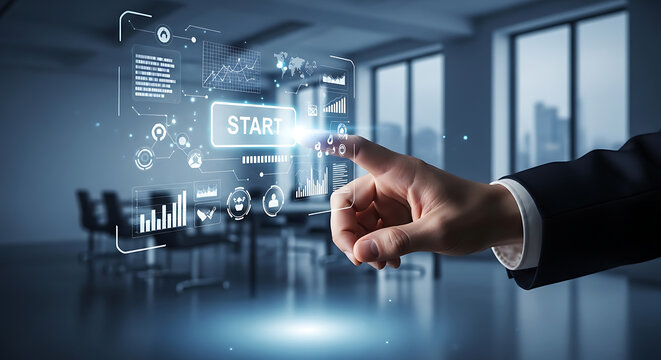 Hand pressing start button on digital interface, representing the beginning of a new project or business venture in a modern office setting