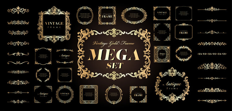 Mega set of vintage gold frames and ornaments. Luxury antique border and divider collection.
