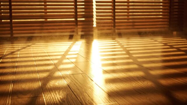 Golden sunlight streams through blinds casting shadows on the wooden floor, creating pattern and warmth in interior space.