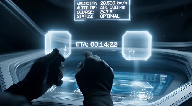 Futuristic spacecraft interface shows velocity, altitude, course, status and ETA data