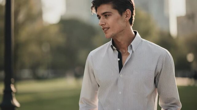 Medium shot of a model showcasing a subtle stripe hiddenbutton collar shirt emphasizing the elegant texture and concealed fasteners during a casual outdoor scene.