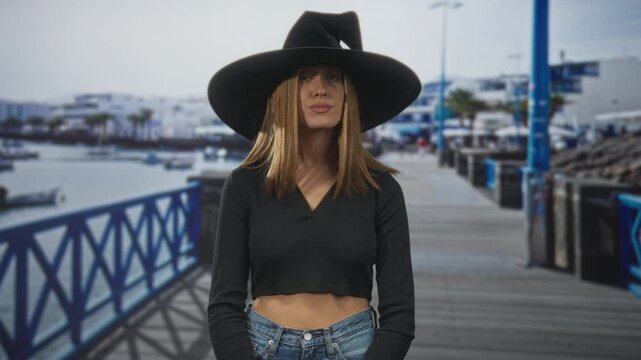 Woman wearing wide witch hat stands showing bare belly on a wooden pier with blue railing and boats by a marina, hands relaxed; mysterious.