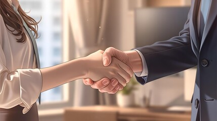 Close-up of two people shaking hands in a professional setting, blurred office