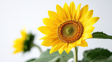 Naklejka premium Bright yellow sunflower blossom isolated on a blue and green background in a summer garden