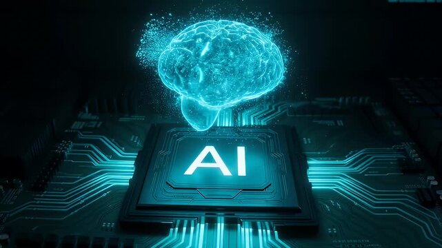 Artificial intelligence concept with glowing brain over chip circuit board in blue