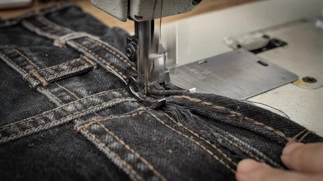 Closeup of industrial flatbed sewing machine stitching reinforced seams on heavyduty work pants highlighting precision and durability in fabric construction.