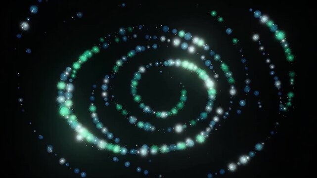 A glowing blue abstract background features a spiral swirl of light and energy, creating a dark celestial pattern of circles and waves that flow like a bright galaxy through the deep space universe