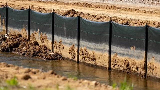 Medium shot of silt fence installed along a construction site effectively trapping sediment and preventing runoff into nearby water bodies.
