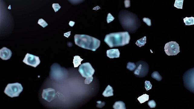 Crystalline Universe: A captivating abstract of multiple ice crystals floating in a dark, atmospheric setting, revealing a microscopic world of geometric elegance and celestial wonder. 