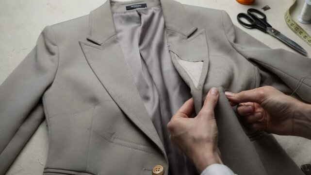 Medium shot of a womens blazer being meticulously stitched with interfacing and smooth lining highlighting sharp shoulder pads and clean lapel shaping.