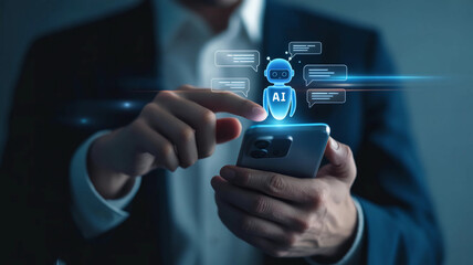 Businessman Using Mobile Phone with Virtual Chatbot Icon, AI Technology and Customer Service Automation
