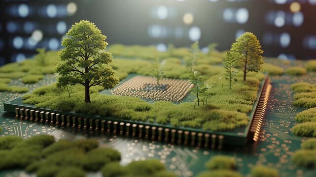 A computer chip and circuit board covered in lush green grass and small trees, symbolizing sustainable technology and green computing.
