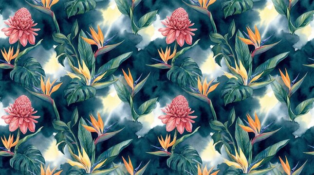 Tropical watercolor seamless pattern with ginger flowers, bird of paradise, monstera leaves, and dark green foliage texture
