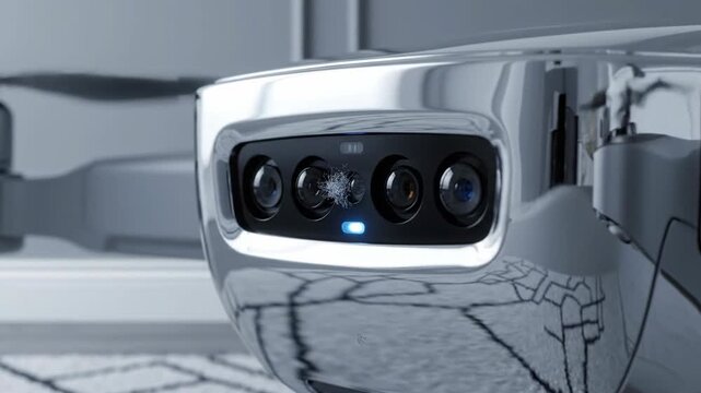 Close-up of modern silver drone with multiple cameras, technology concept.