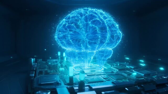 Futuristic blue digital brain hovering above a modern circuit board
