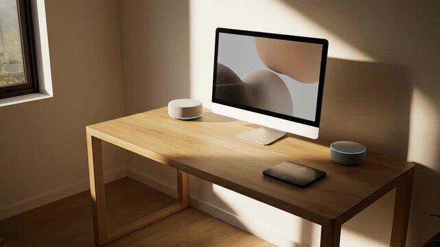 Computer setup on wood desk with tablet and speaker in warm natural light indoors.