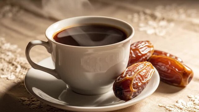 A white cup filled with dark steaming coffee sits on a matching saucer accompanied by several dates all resting on a textured light-colored fabric surface