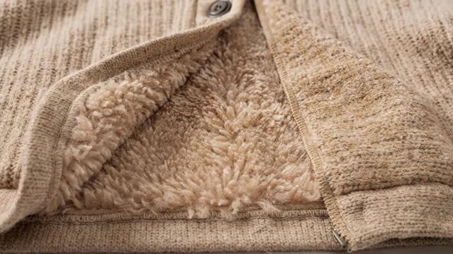 Medium shot capturing the integration of wool pile lining into a knit jacket showcasing the soft texture and detailed seam work to boost warmth and comfort.