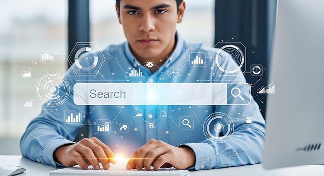Young man using a virtual search bar with data icons focused on digital information.