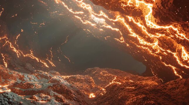 Dramatic Stock Video of Lava Tunnel with Glowing Cracks and Smoke