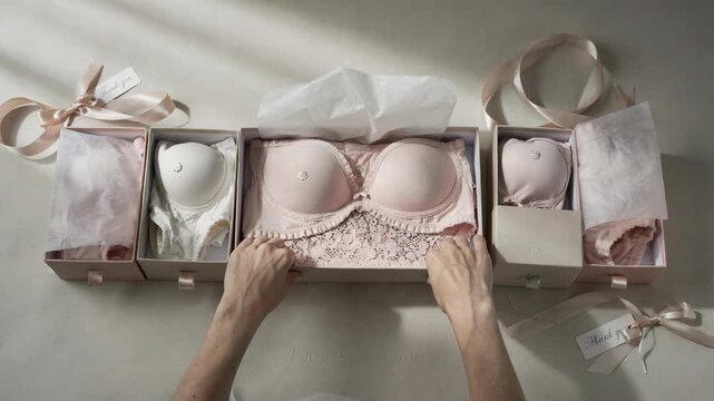 Medium shot of hands neatly wrapping matching bra and panty sets in delicate tissue paper inside elegant gift boxes highlighting the careful presentation process.