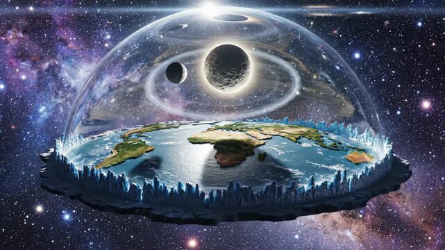 Conceptual flat earth model under firmament dome in space