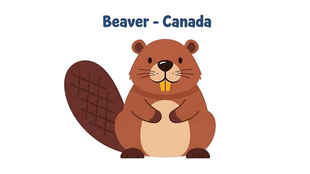 Cartoon beaver standing upright holding wooden object in Canada forest scene illustration