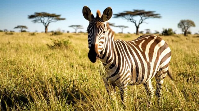 A zebra grazes in a sunlit grassy savanna with sparse distinctive trees under a clear blue sky