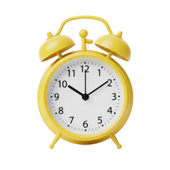 Vibrant yellow twin bell alarm clock showing 11:10, isolated on transparent background