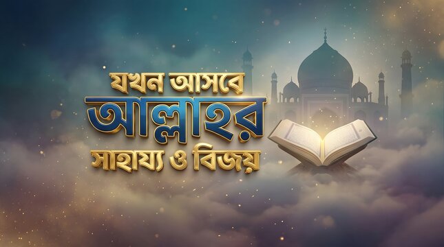 3D Golden Bengali Islamic Typography Quote from Quran Surah An-Nasr with Mosque and Open Book on Blue Cloudy Background