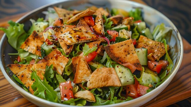 Crispy toasted pita bread tops a fresh bowl of Lebanese fattoush salad with vegetables.