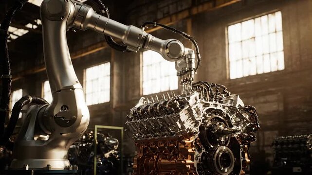 Robotic arm assembling engine block in factory; Automated industry, technology concept.