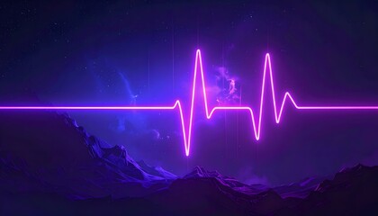 Neon heartbeat line glows over mystic, starry, mountain landscape