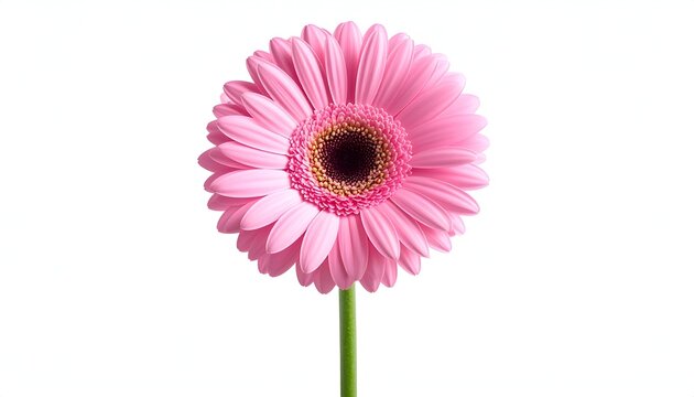 Vibrant pink daisy with dark center, isolated on white