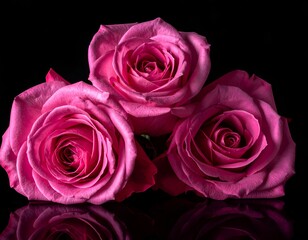 Three lush pink roses with velvety petals on black