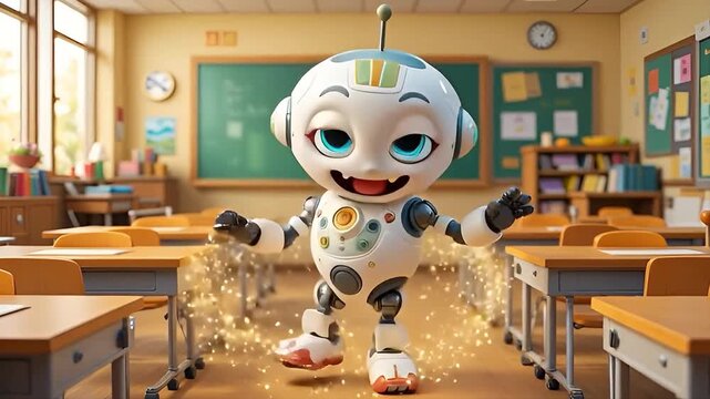 Robot in School Classroom, Cartoon, Kids, Happy, Funny, Education, Technology - Loop Video 4K Animation