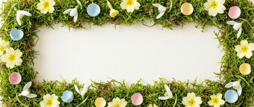 Vibrant green moss frame with blooming primroses, delicate snowdrops, and colorful eggshells on white for Easter spring concept and natural growth