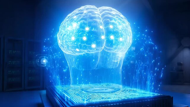 Futuristic rendering of a human brain connected to a circuit board platform