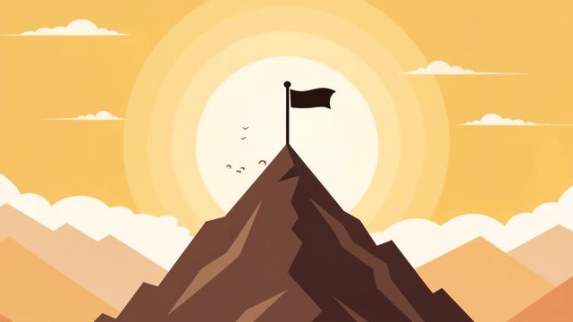 Sunrise over mountain peak with flag at summit, layered ridge landscape, warm orange sky and achievement optimism