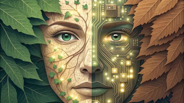 Nature circuit face ivy leaf electronic technology portrait lush green leaves ivy circuit board face split portrait blending nature and technology