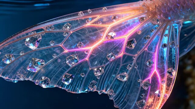 Close-up of a stunning translucent mermaid tail fin underwater. The magical fin is adorned with shimmering diamonds and illuminated by glowing neon pink and orange light against a deep blue background