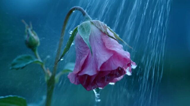 Close-up of a drooping pink rose with green leaves and a bud against a blue background, representing sadness and aging.