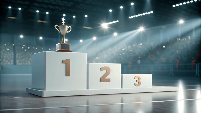 Clean white winners podium with first place trophy and gold trophy winner platform stadium lights with cheering crowd, second and third step