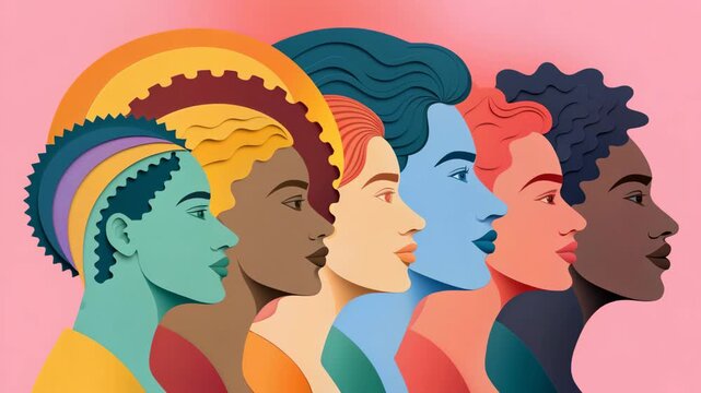 Multicultural female profile lineup celebrating diversity unity strength colorful paper cutout style empowering expression layered silhouettes