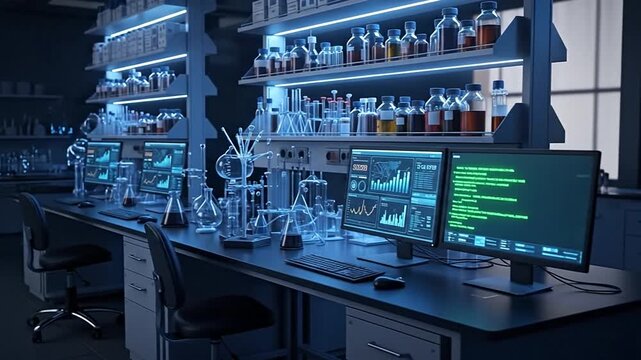 Modern Laboratory: A state-of-the-art laboratory is illuminated with cool blue light, showcasing rows of advanced equipment and scientific instruments, ready for groundbreaking research and discovery.